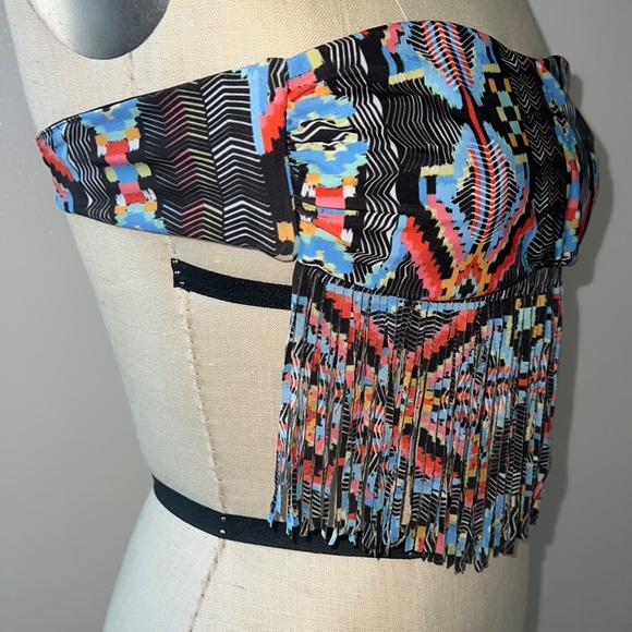 L*Space Strapless Reversible Tribal Black & Multi-Color Fringe Bikini Top Sz S - Picture 9 of 11
